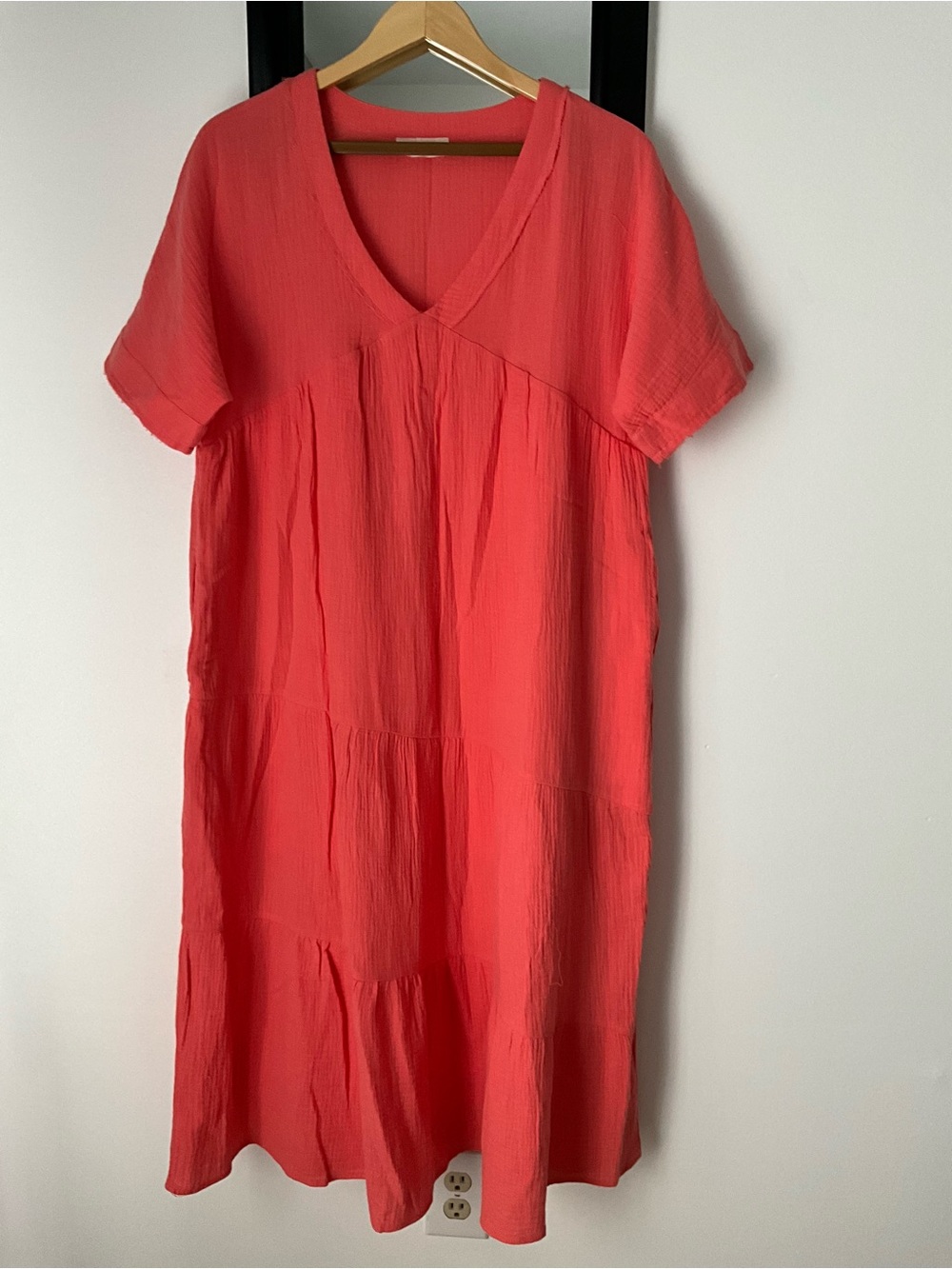 V-Neck Tiered Midi Dress in Coral Red